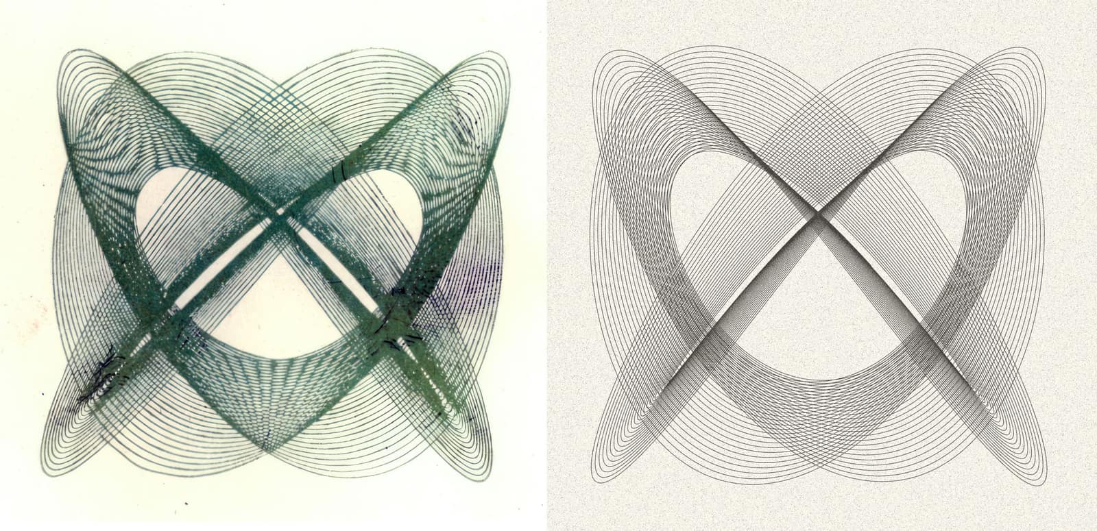 Historic harmonograph Lissajous pattern beside an algorithmic output