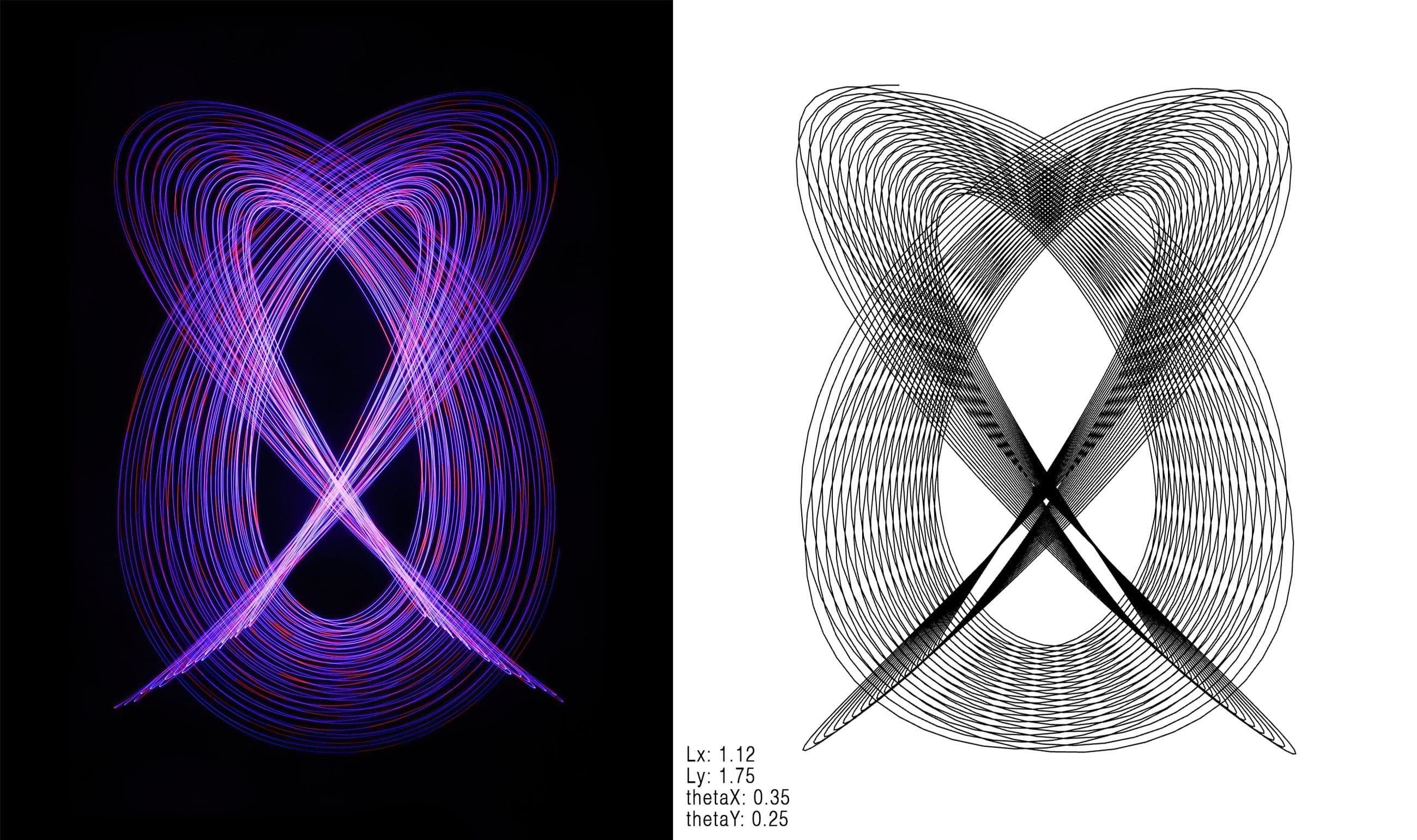 A real-world pendulum exposure beside an early simulation preview