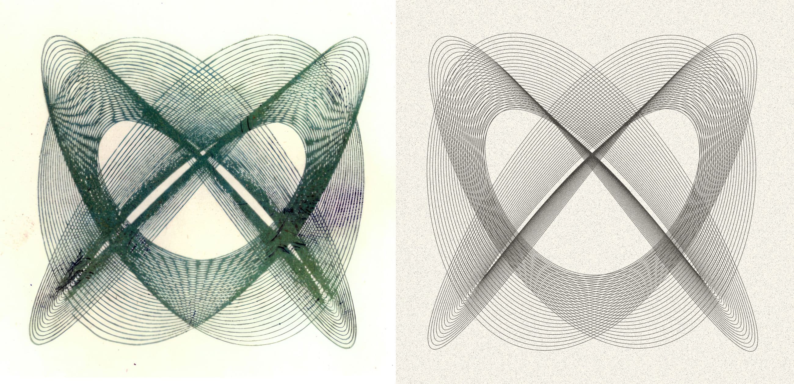 Historic harmonograph Lissajous pattern beside an algorithmic output